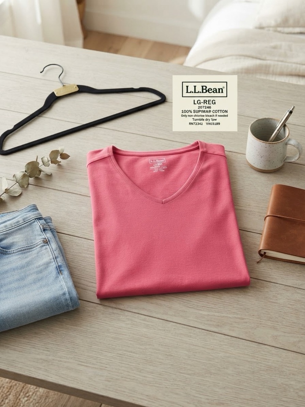 L.L. Bean Pink Supima Cotton V-Neck Short Sleeve T-Shirt Size Large Reg
